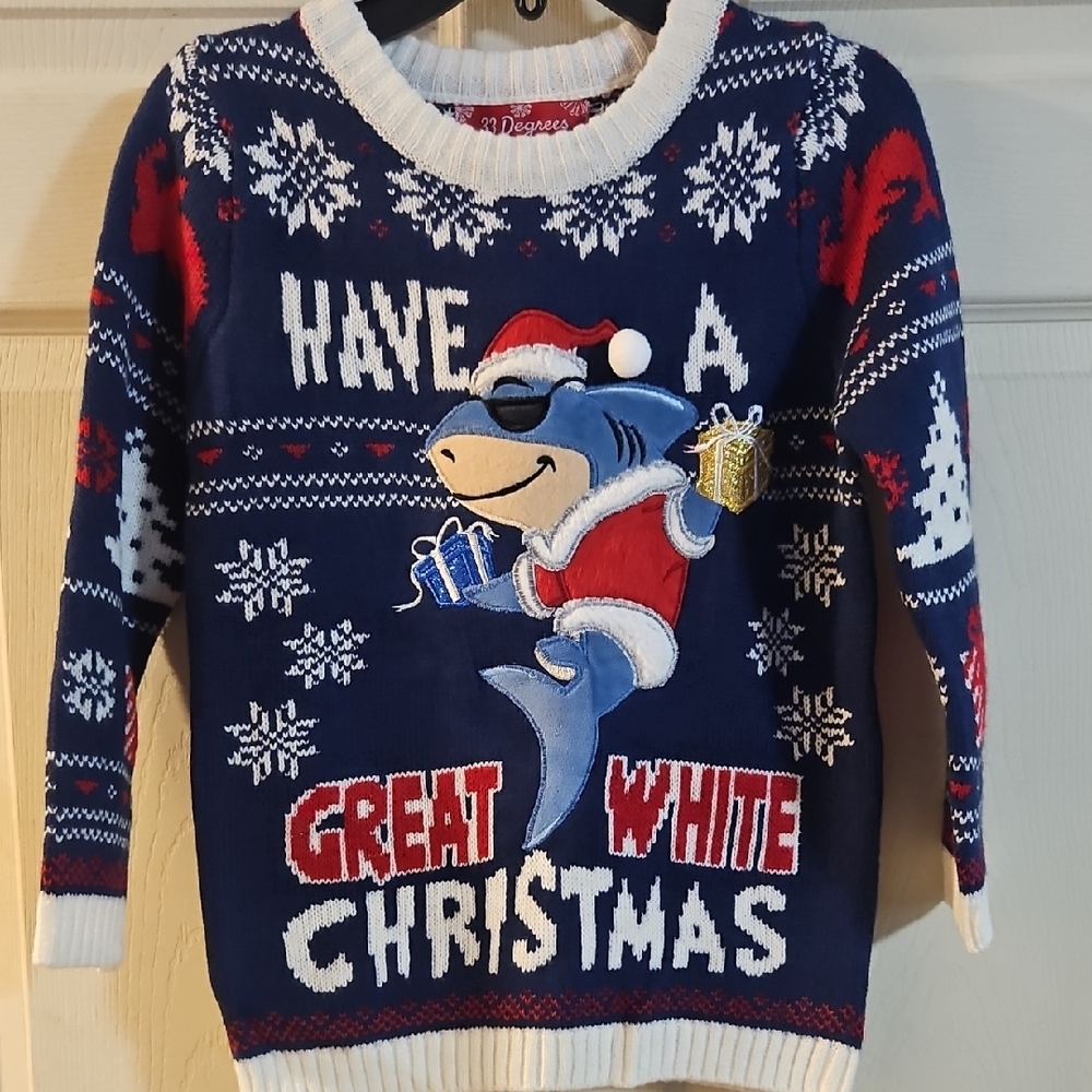 33 Degrees Little Kids Shark Christmas Sweater: Blue/red: New With Tags: XL (7)